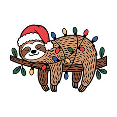 Cute sloth sleeping with Christmas lights and Santa hat illustration
