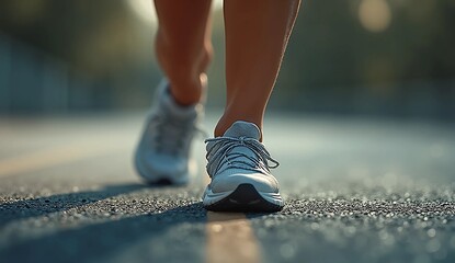 Close-Up of Running Shoes on Road at Sunrise