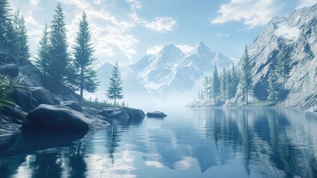 Serene mountain lake reflecting snowcapped peaks and evergreen trees