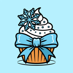 Winter Cupcake with Snowflake and Blue Bow Illustration