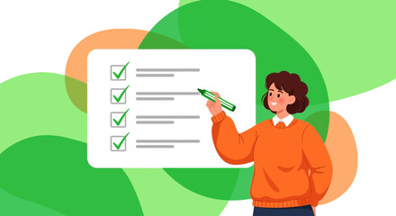 Woman Makes Plan, Checking Off Tasks With Graphic Illustration Artwork Elements