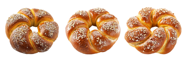 Flaky, golden-brown ring-shaped Bagel sprinkled with sesame and poppy seeds, isolated on white transparent background.
