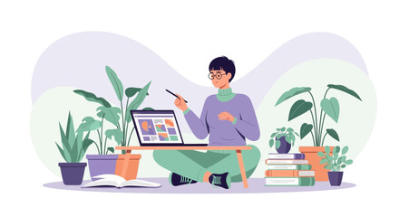 Fototapeta premium Woman Working From Home Surrounded By Houseplants Using Laptop Computer And Book