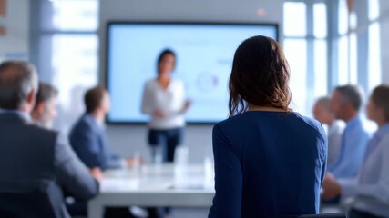 A woman presents in front of an audience in a bright office. Participants focus on her