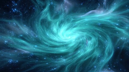 Obraz premium A colorful swirl of blue and green light dances through the vastness of space surrounded by stars.