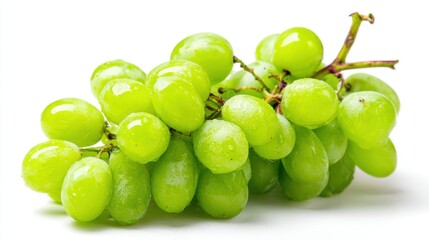A bunch of fresh green grapes sits on a white surface, showcasing their natural shine and freshness. These grapes are perfect for snacking, salads, or desserts.