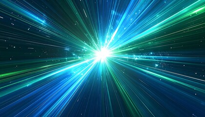 Abstract light explosion with blue and green beams emanating from a central white point, creating a sense of speed