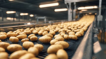 potatoes moving along an industrial conveyor belt, symbolizing agriculture, food production, and automated processing, clean factory lighting, high