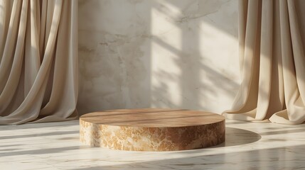 Stone Pedestal with Earthy Marbled Texture in Soft Light Through Beige Curtains
