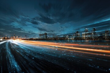 Night cityscape featuring streaks of light from traffic and city lights under a dramatic sky