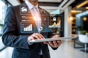 Businessman using tablet with profit quality planning cost management price perfection success, strategy, plan, company, chart