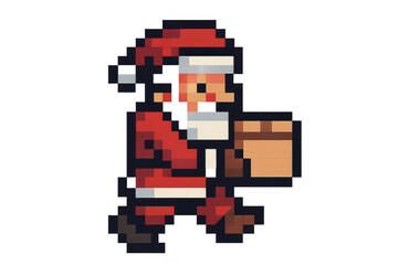 Pixel art santa claus delivering a present, walking in a classic 8-bit style, transparent background