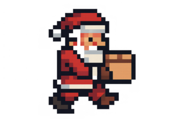 Pixel art santa claus delivering a present, walking in a classic 8-bit style, transparent background