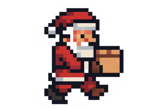 Pixel art santa claus delivering a present, walking in a classic 8-bit style, transparent background