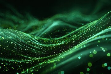 A glowing, abstract digital art piece with flowing green lines and speckled lights against dark backdrop
