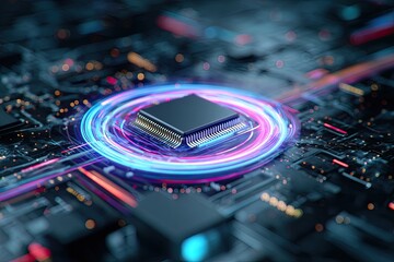 A close-up of a computer chip core encircled by glowing light, on a circuit board