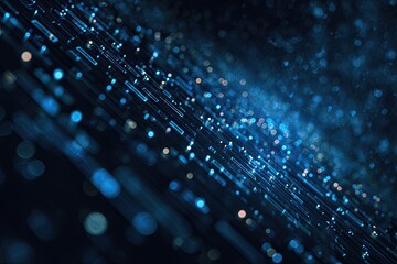 Abstract blue digital data stream with bokeh effect and diagonal light trails