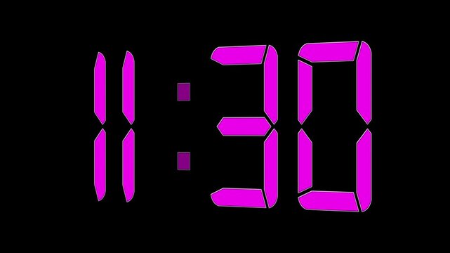 4K digital alarm clock displaying 11:30 with futuristic pink design. Seamless loop animation featuring digital countdown timer, 12-hour clock dial interface, and modern time concept for presentations