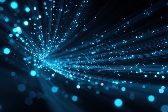 Dynamic abstract composition featuring glowing blue particles streaking across a dark background