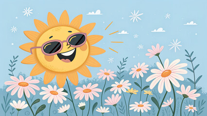 Whimsical Sun Character with Sunglasses Among Blooming Daisies