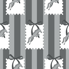 festive seamless pattern with a gray horse in a jumping moment with bows on a gray background with gray lines behind, for textiles, packaging or greeting cards