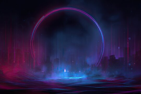 Futuristic cityscape with neon ring, swirling mist, and dark silhouettes