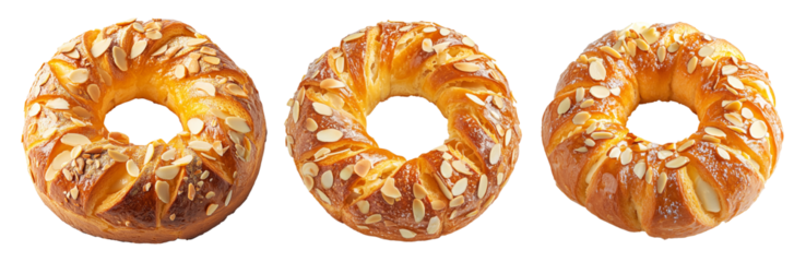 Flaky, golden-brown ring-shaped Bagel sprinkled with almond flakes, isolated on white transparent background.