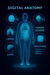 Digital human anatomy interface with zoomable 3D organs.
