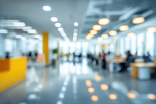 Blurry interior shot of an open-plan office with desks, lights, and windows