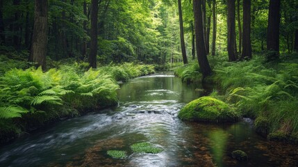 Obraz premium A serene forest stream flows gently through lush green ferns and trees