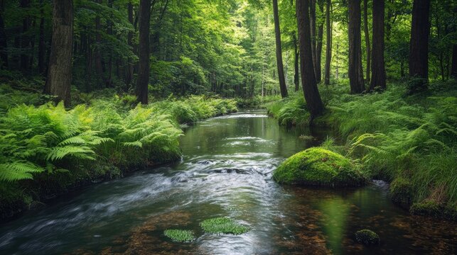 A serene forest stream flows gently through lush green ferns and trees