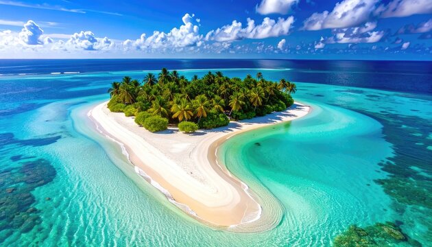 A remote tropical island with white sand, palm trees, and clear turquoise water