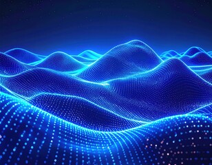 Blue, digital landscape of light particles, undulating hills
