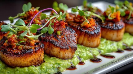 Gourmet seared scallops with herbs and green puree