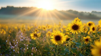 Field of sunflowers bathed in the warm glow of the rising sun