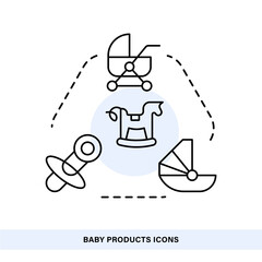 Baby products icon set, stroller pacifier bassinet walker outline