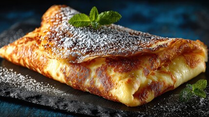 Folded crepe with sugar powder and mint on dark background