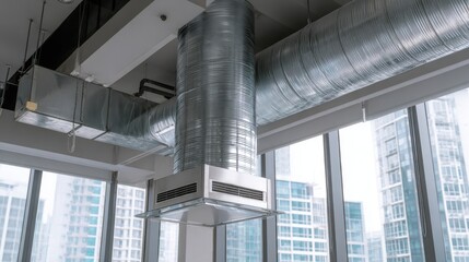 Exposed industrial ventilation ducts and air conditioning system in modern office