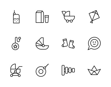 Baby line icon set, stroller bottle bassinet socks toys outline