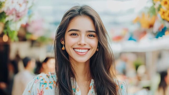 Joyful young woman with radiant smile, long dark hair, and charming expression amidst bright, soft-hued outdoor scene