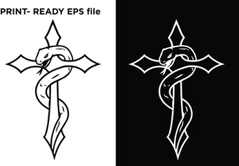 Bold vector design of a stylized cross with a snake coiled around it, presented in stark black and white, conveying mystical themes, edgy aesthetics, ancient symbols, and graphic motifs for print