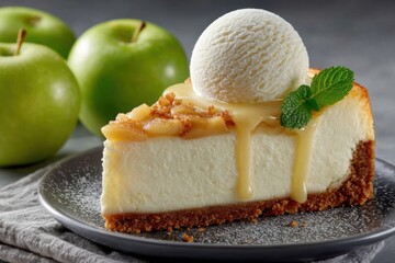 Classic apple cheesecake slice with ice cream topping