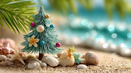 Decorative Christmas tree with seashell ornaments on beach