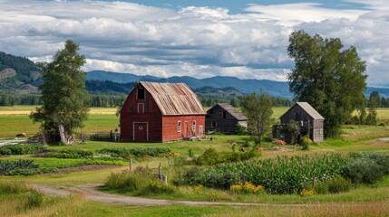 Obraz premium A red barn and old wooden buildings sit amid green fields and vibrant gardens. Majestic mountains rise in the background under a blue sky filled with fluffy clouds.