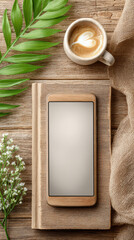 Wooden table with phone mockup coffee and natural decor