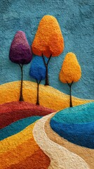Abstract textured landscape with vibrant colored trees