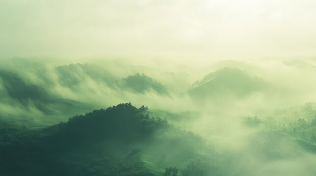 Misty mountains shrouded in ethereal green fog at sunrise