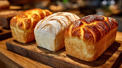Freshly baked loaves of bread on wooden board