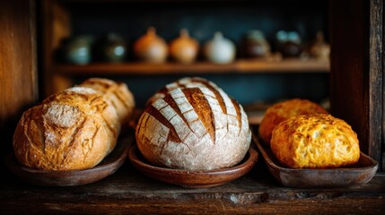 Fresh homemade bread loaves in rustic kitchen setting
