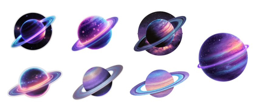Set of eight colorful planets isolated on transparent background, cosmic and fantasy style